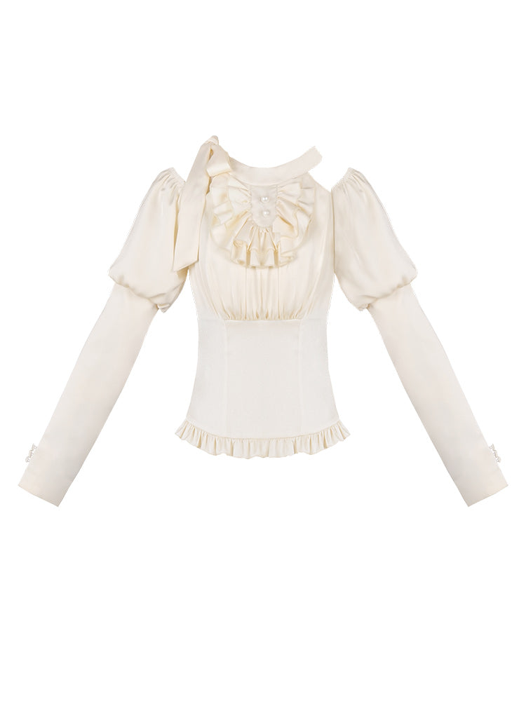 Off-White Ribbon Frill Long Sleeve Blouse WIT0166