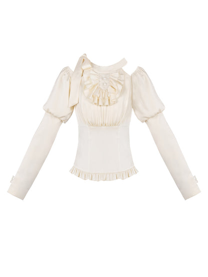 Off-White Ribbon Frill Long Sleeve Blouse WIT0166