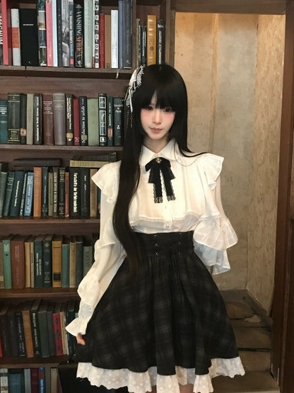 Ruffle Collar Bow Blouse With Plaid Skirt Set LAL0165