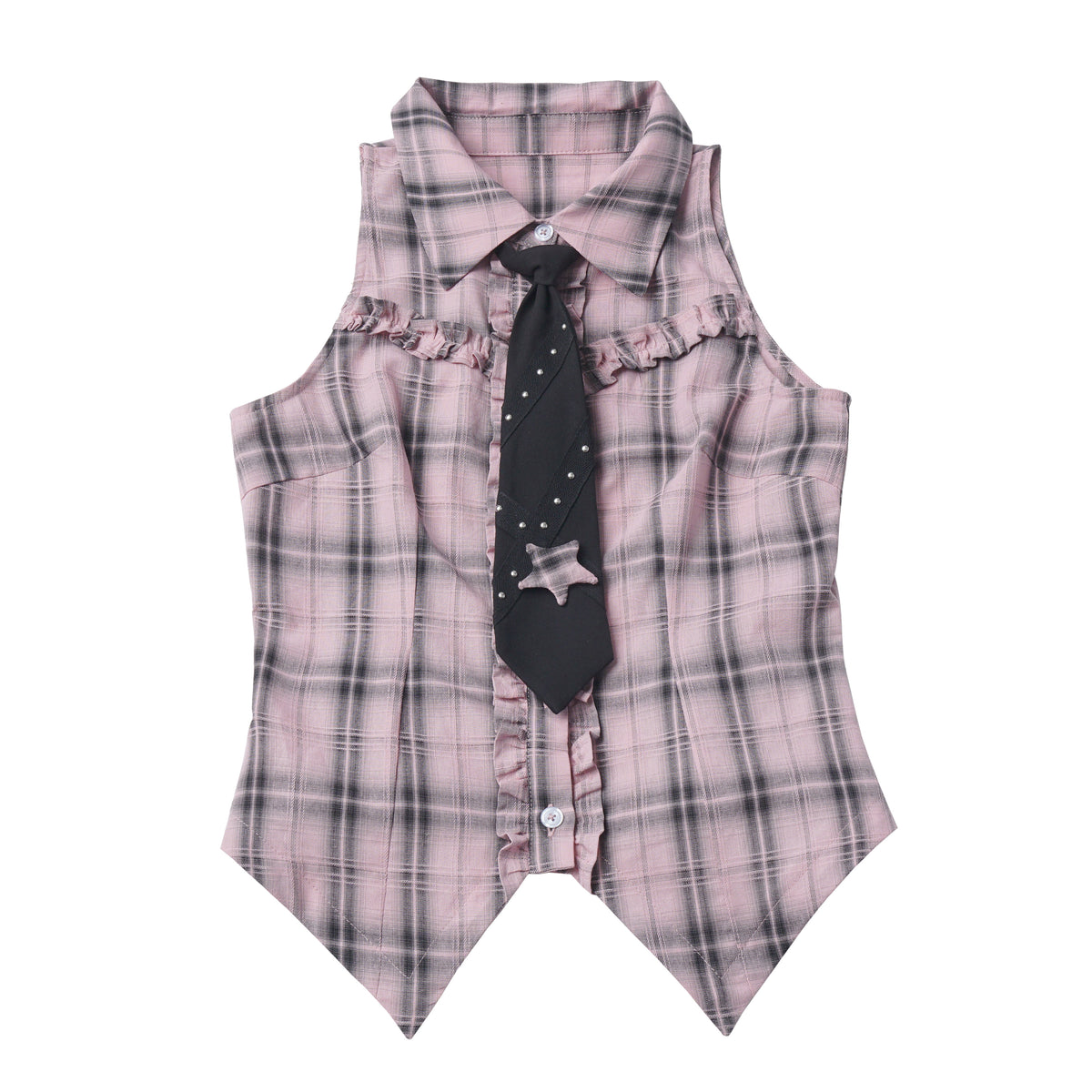 Plaid Vest Shirt And Ruffle Tier Skirt PIN0044