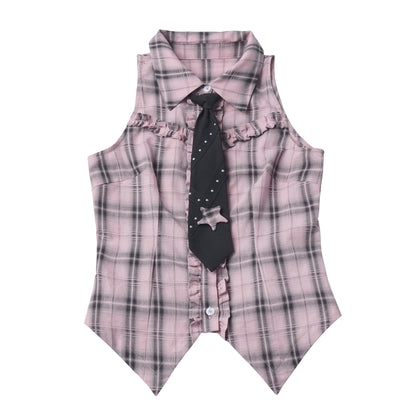 Plaid Vest Shirt And Ruffle Tier Skirt PIN0044