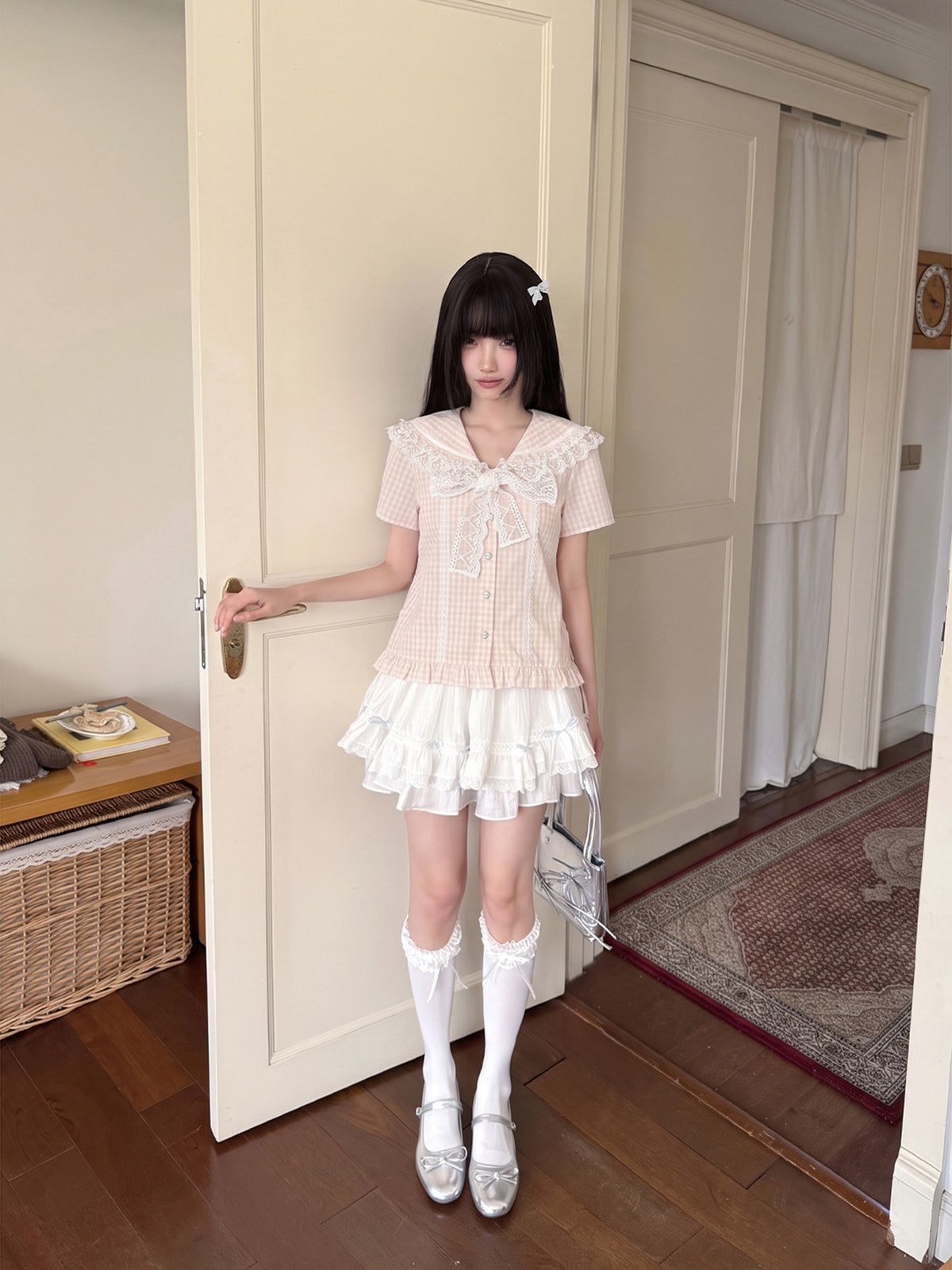 Gingham Ruffle Collar Puff Sleeve Blouse LAL0215