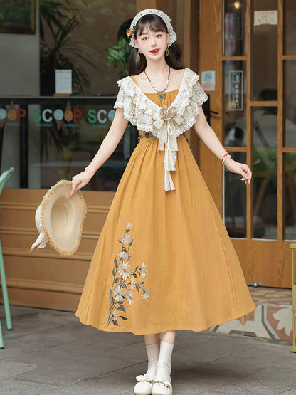 Orange Color Flower Embroidery China Style Dress YOU0041