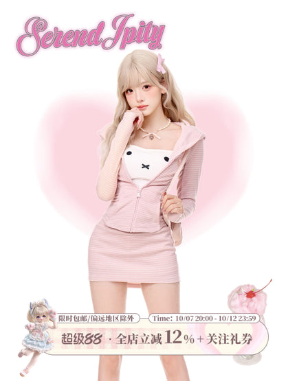 Bear Ear Hooded Pink Striped Jacket And Skirt Set SER0155