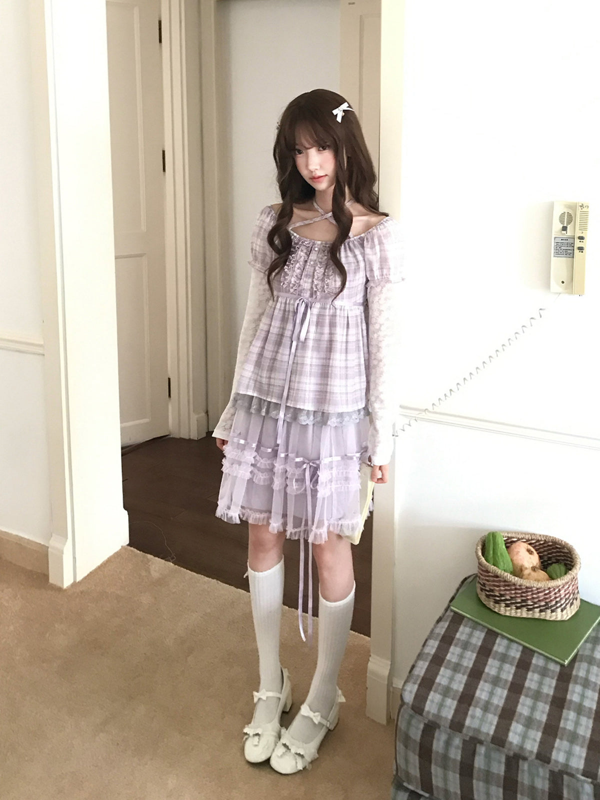Plaid Puff Sleeve Top And Tiered Skirt Set LAL0242