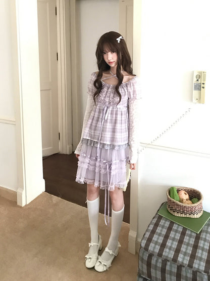 Plaid Puff Sleeve Top And Tiered Skirt Set LAL0242