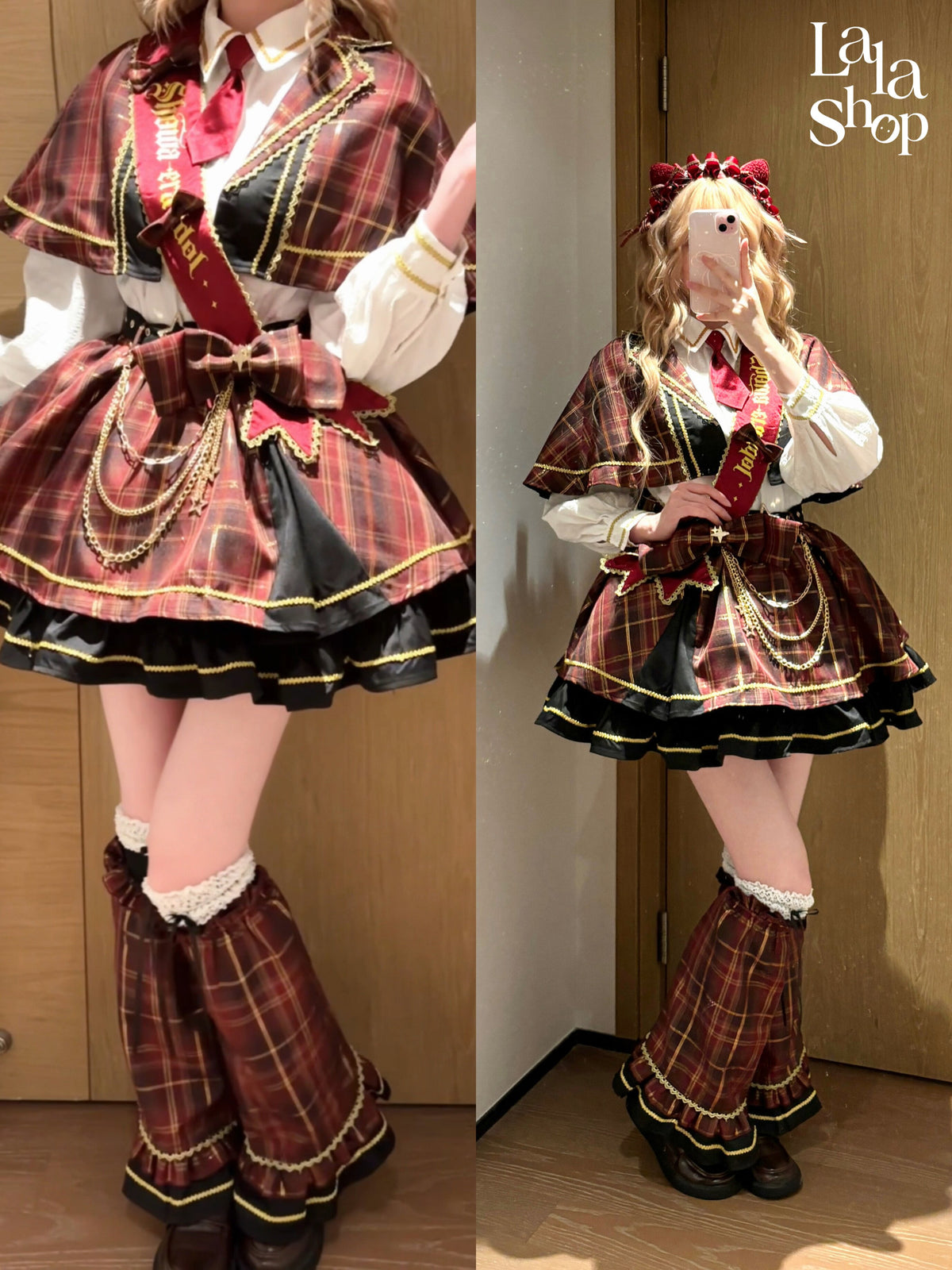 Plaid Cape Necktie Blouse With Tiered Skirt LAL0168