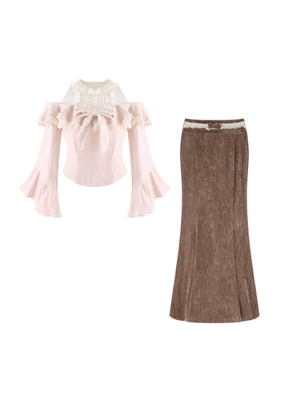 Off Shoulder Ruffle Blouse Corduroy Maxi Skirt SER0162