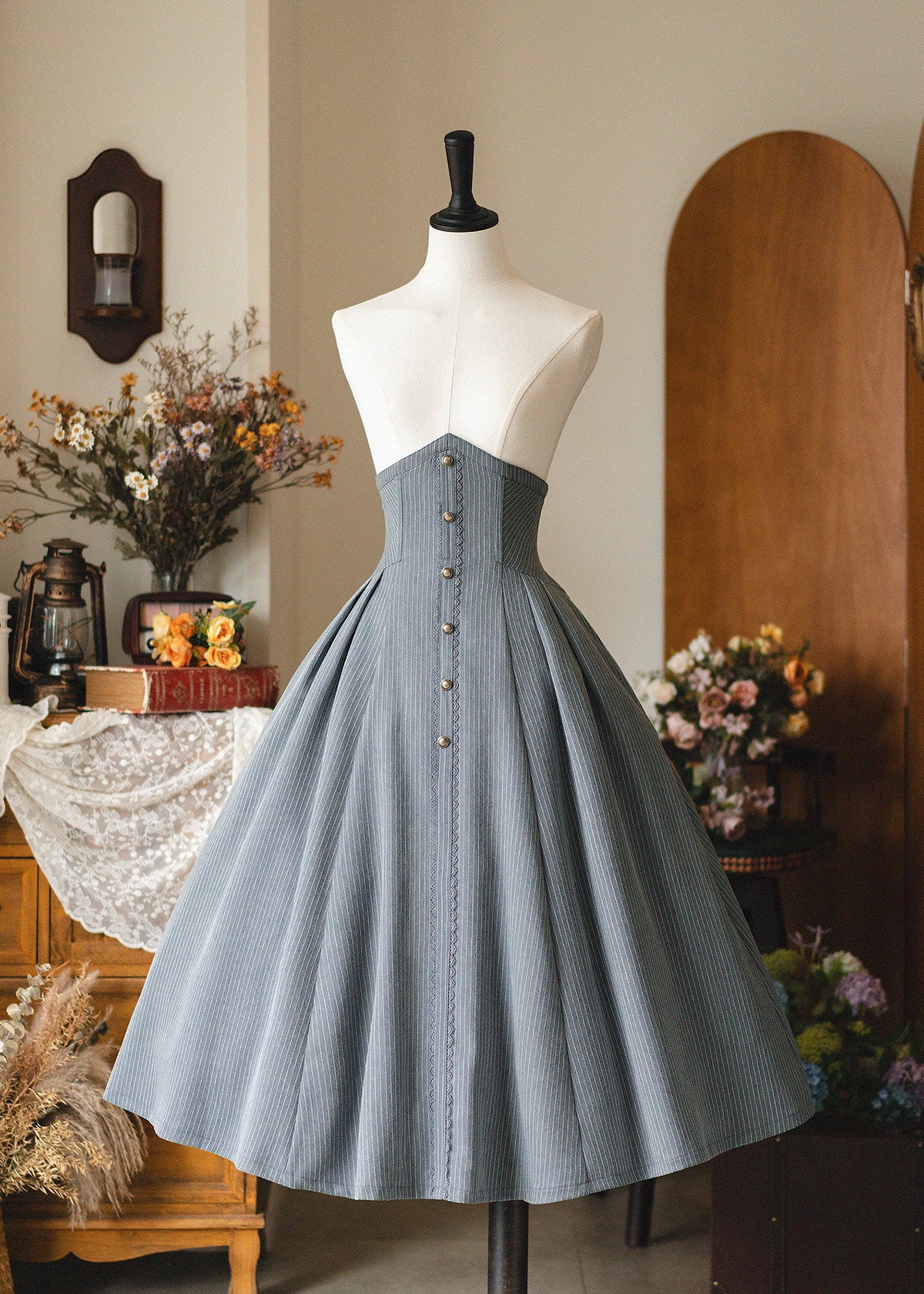 Vintage Pinstripe Button-Front Midi Skirt FOR0071