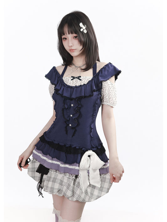 Corset Bodice Top And Plaid Bubble Skirt PIN0049