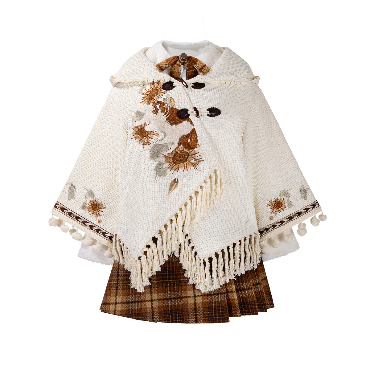 Floral Hooded Fringe Cape And Plaid Skirt Set YOU0256