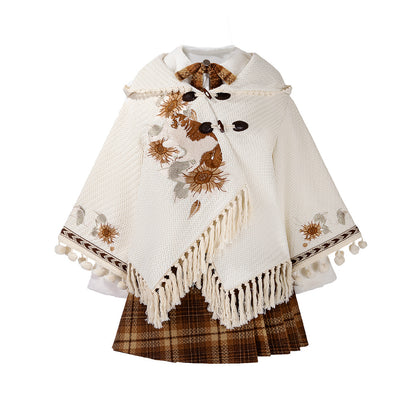 Floral Hooded Fringe Cape And Plaid Skirt Set YOU0256