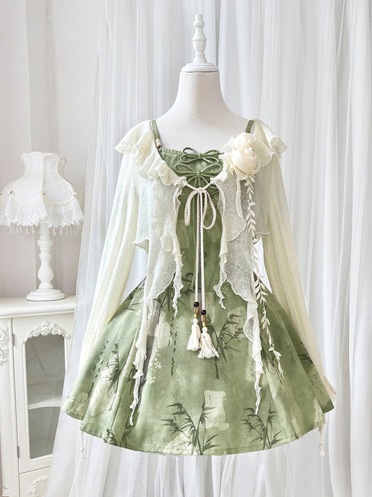 Bamboo Print Chinese Style Sundress With Sheer Cardigan YOU0281