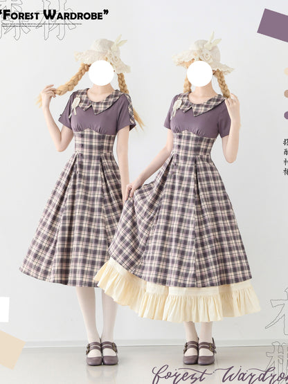Vintage Plaid Contrast Collar A-Line Dress FOR0074