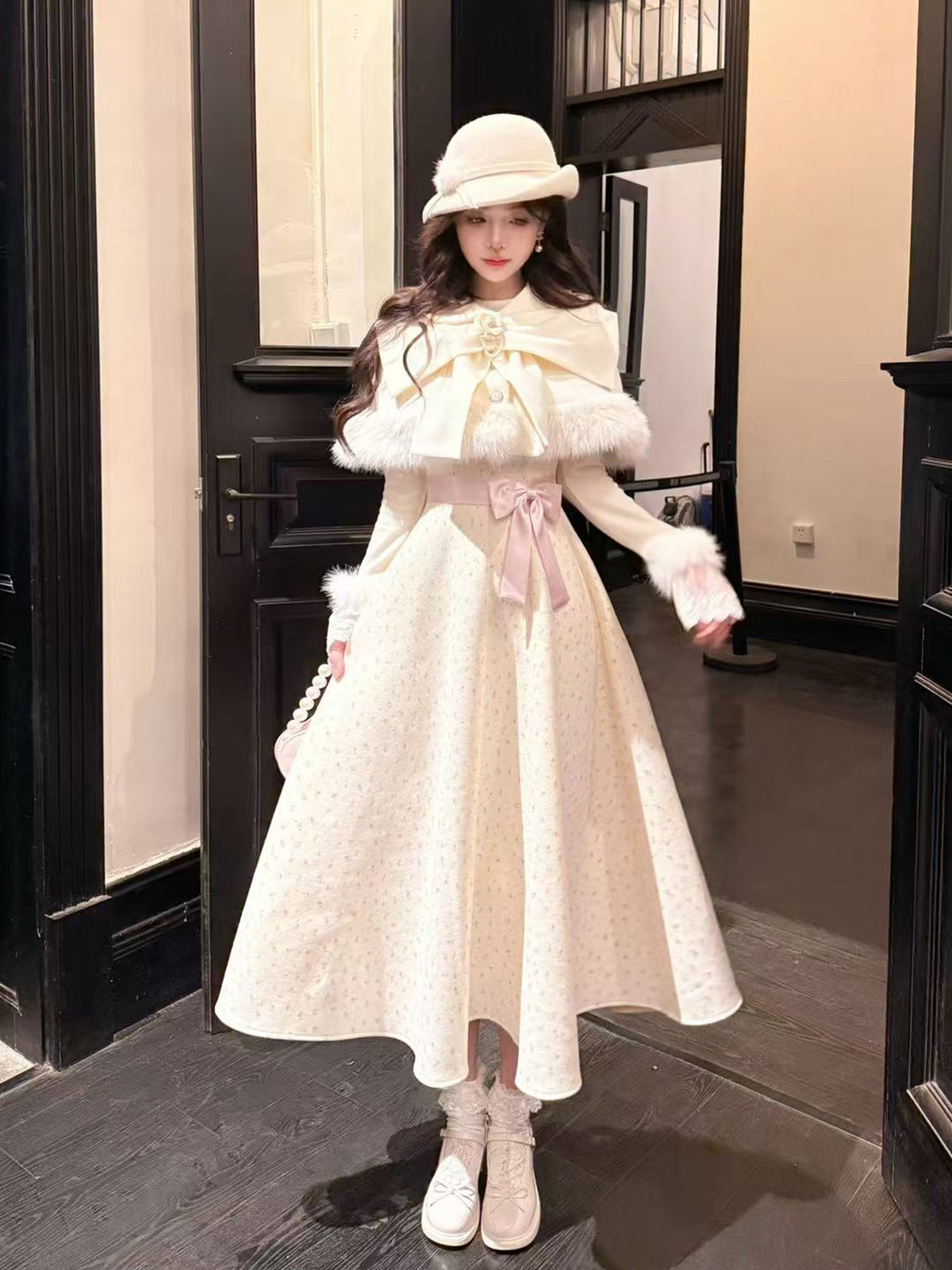 Sweet Bow Fur-Trim Cape Dress Set BEL0024