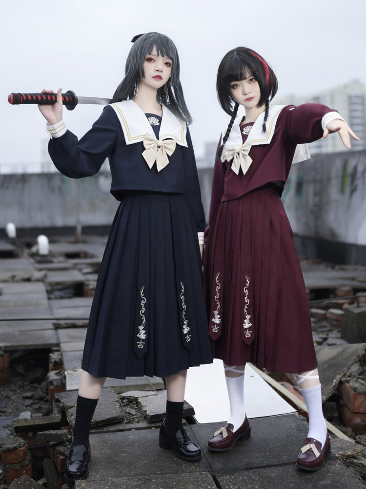 School Uniform Style Navy & Wine Red Two-Piece Set YOU0062