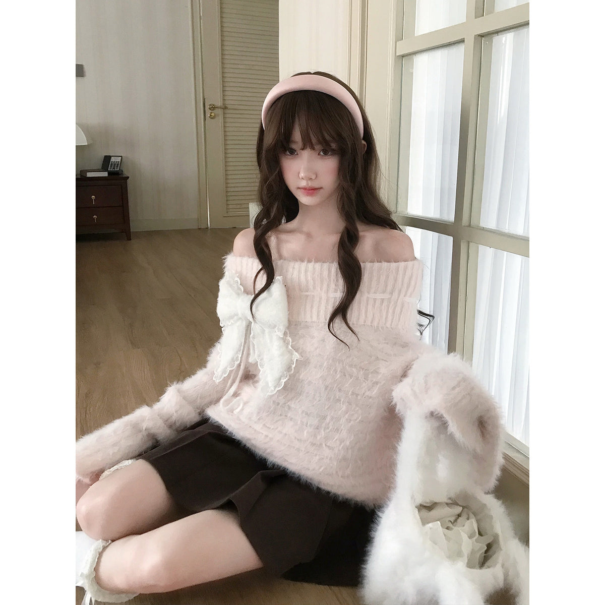 Off Shoulder Fuzzy Knit Bow Sweater LAL0238