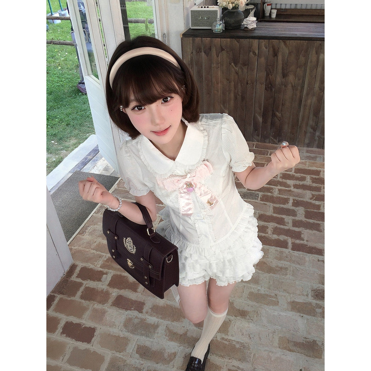 Sweet Bow Lace Doll Collar Puff Sleeve Dress LAL0225