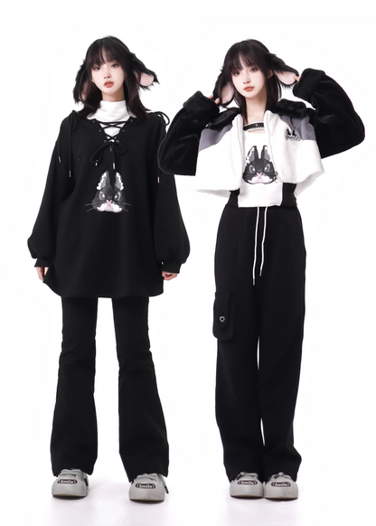 Fur Hood Lace-Up Cargo Pants Set PIN0034