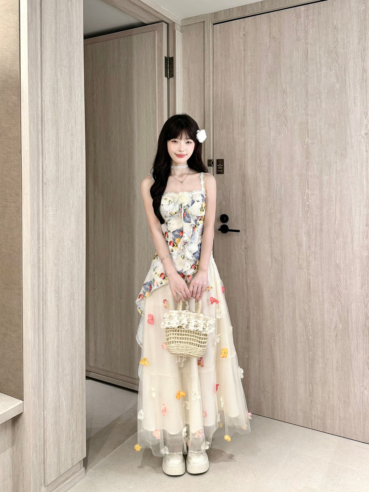 Floral Strap Top Mesh Skirt Set BEL0036