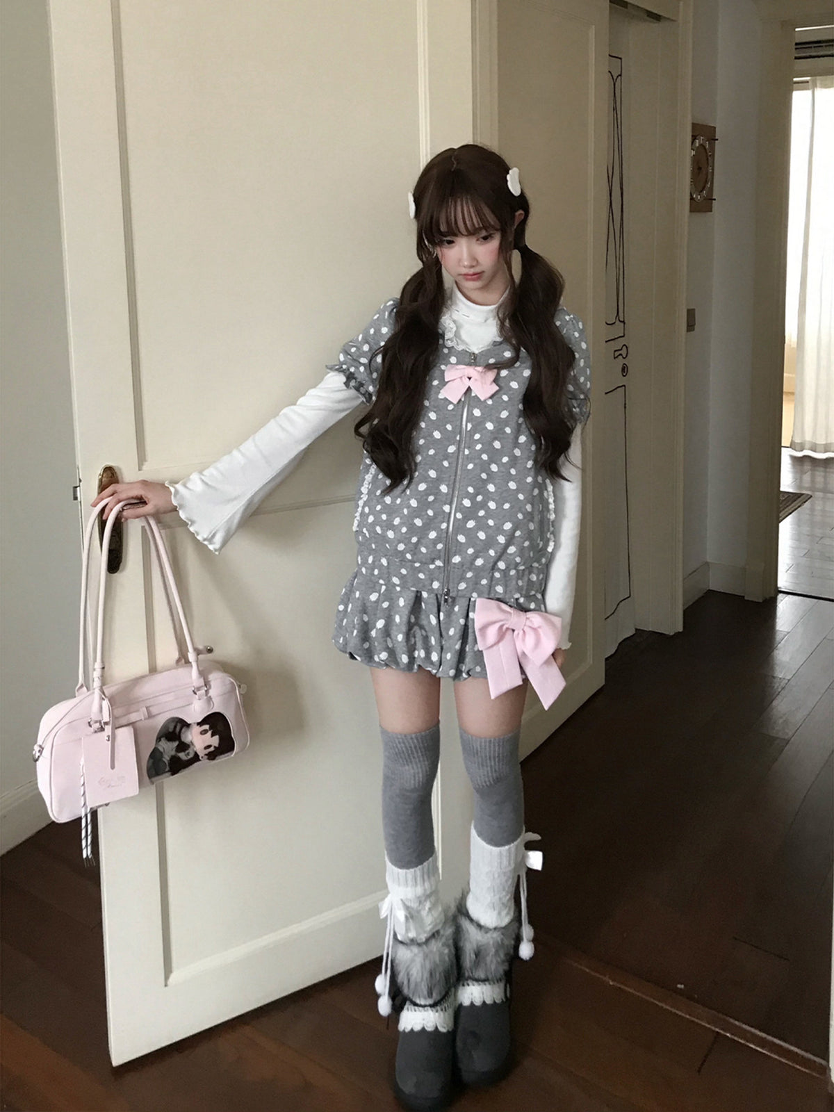 Polka Dot Hooded Zip Cardigan Shorts Set LAL0240