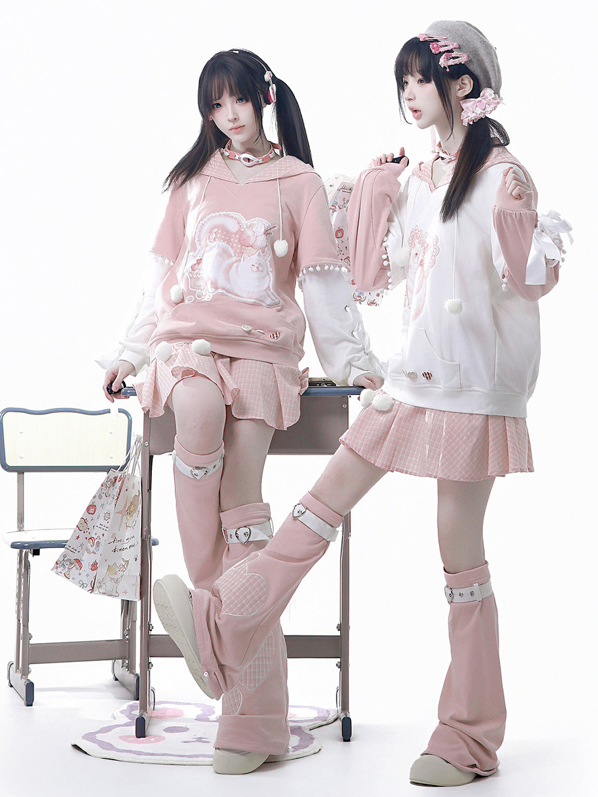 Heart Bow Cat Print Hoodie With Pleated Skirt YOU0315