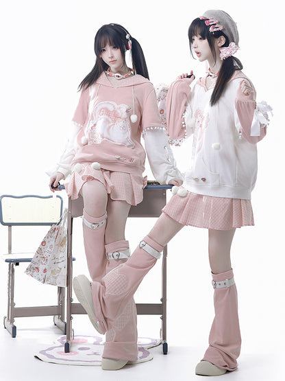 Heart Bow Cat Print Hoodie With Pleated Skirt YOU0315