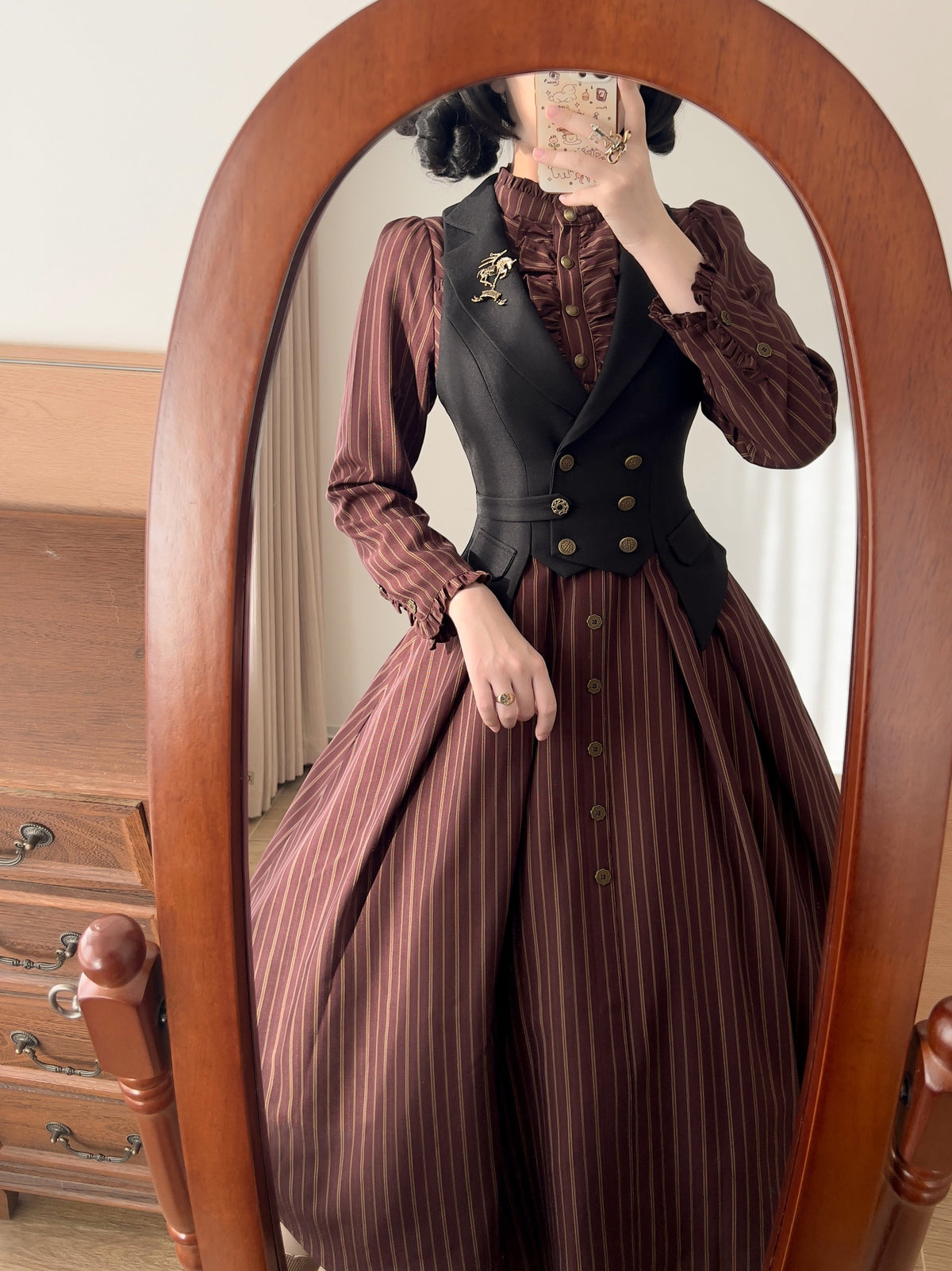 Vintage Striped High-Collar Long-Sleeve Dress FOR0064