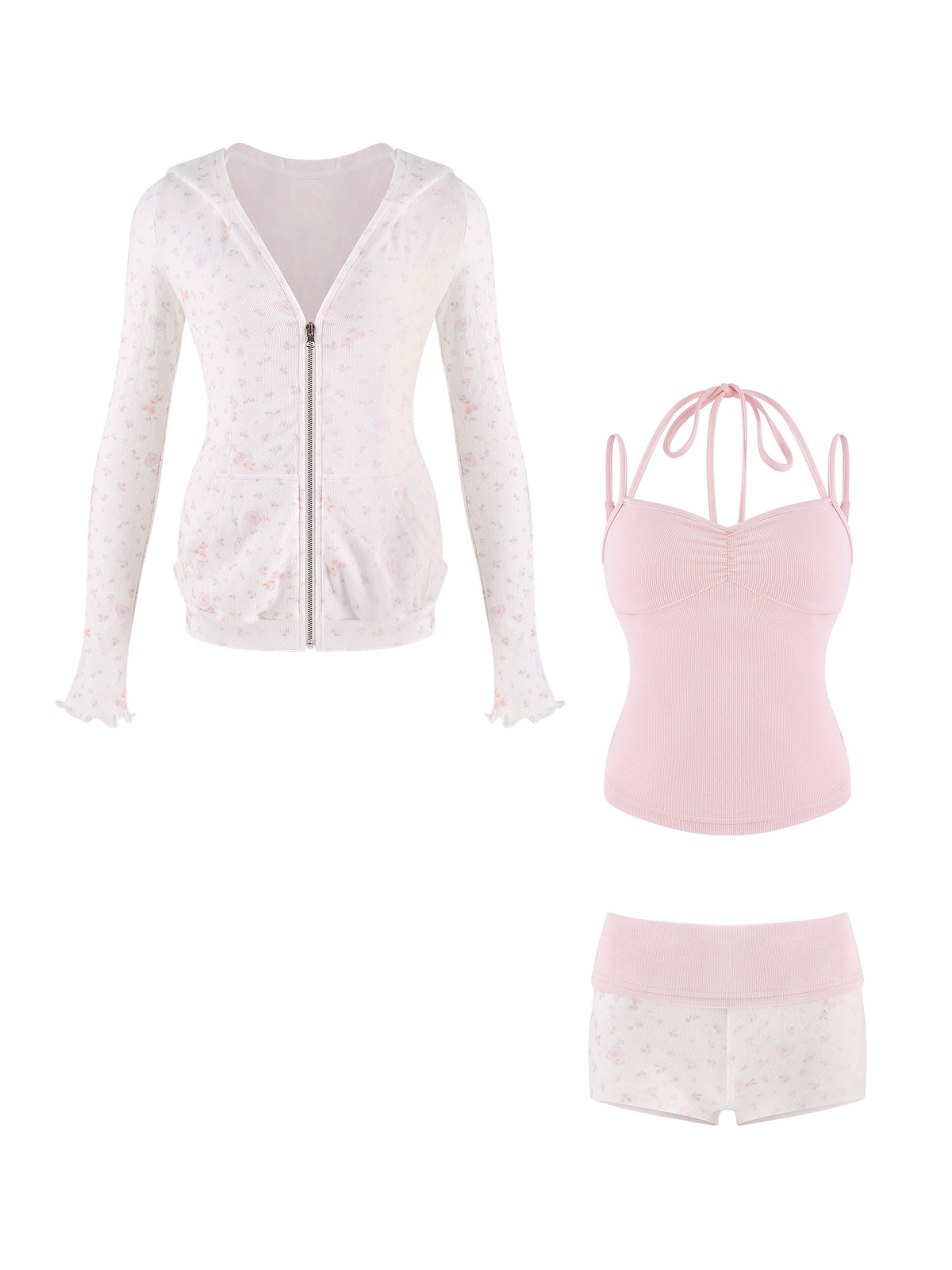 Floral Print Jacket Pink Cami And Shorts Three Piece Set SER0158