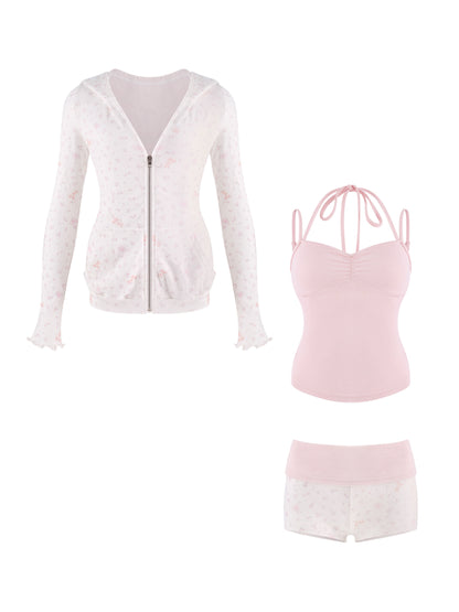Floral Print Jacket Pink Cami And Shorts Three Piece Set SER0158