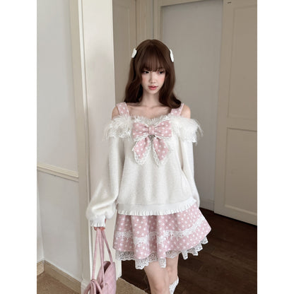 Fluffy Bow Off Shoulder Knit Top LAL0145