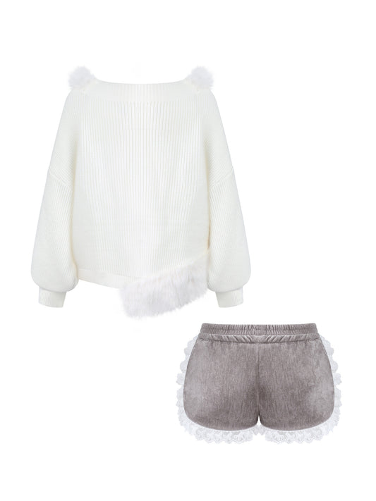 White Puppy Applique Off Shoulder Sweater And Shorts Set SER0139
