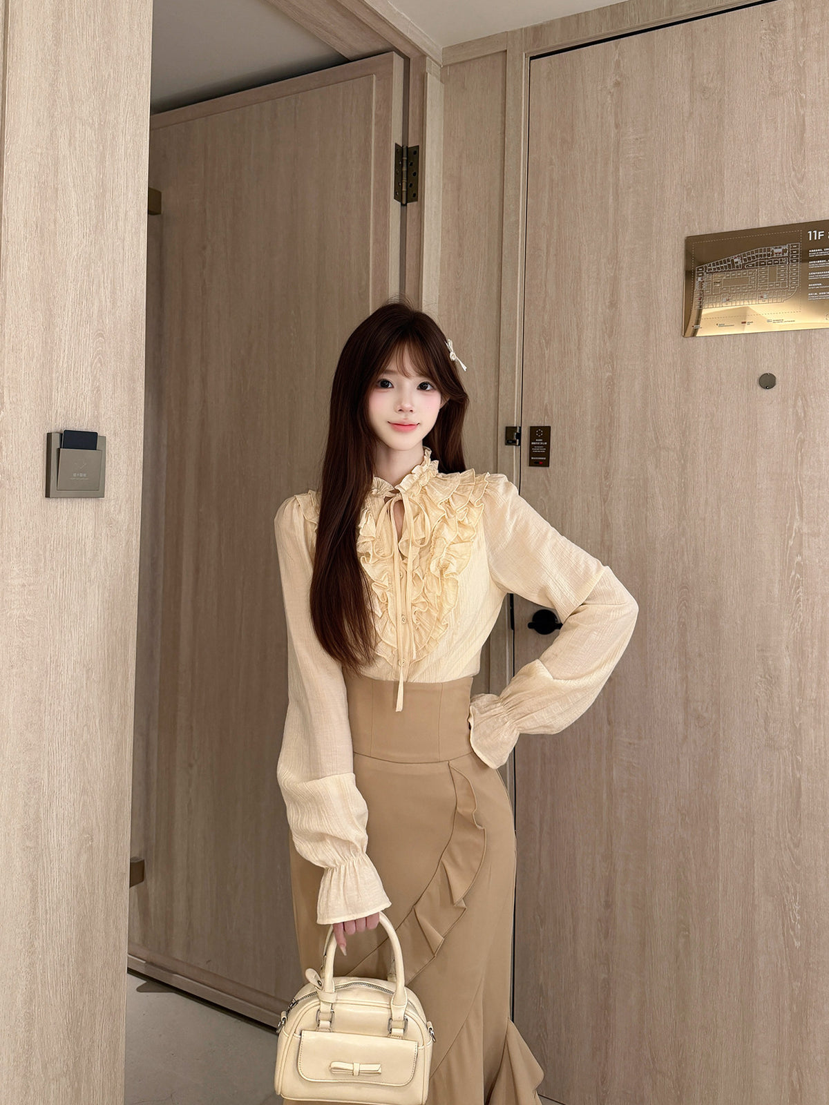 Ruffle Collar Blouse Fishtail Maxi Skirt Set BEL0041