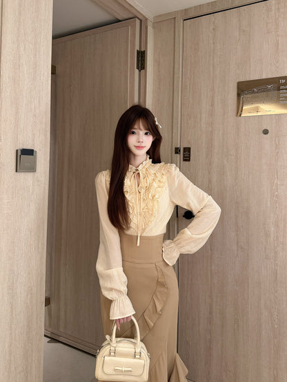 Ruffle Collar Blouse Fishtail Maxi Skirt Set BEL0041