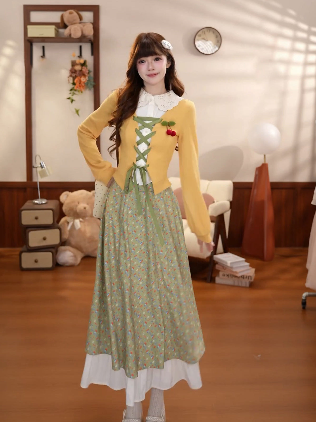 Vintage Lace-Up Cardigan Floral Midi Skirt Set BEL0042