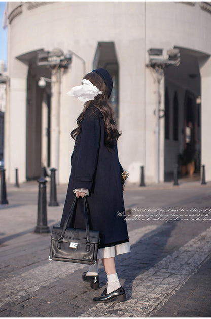 Navy Wool Double-Breasted College Coat HUT0160