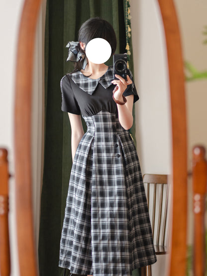 Vintage Plaid Contrast Collar A-Line Dress FOR0074