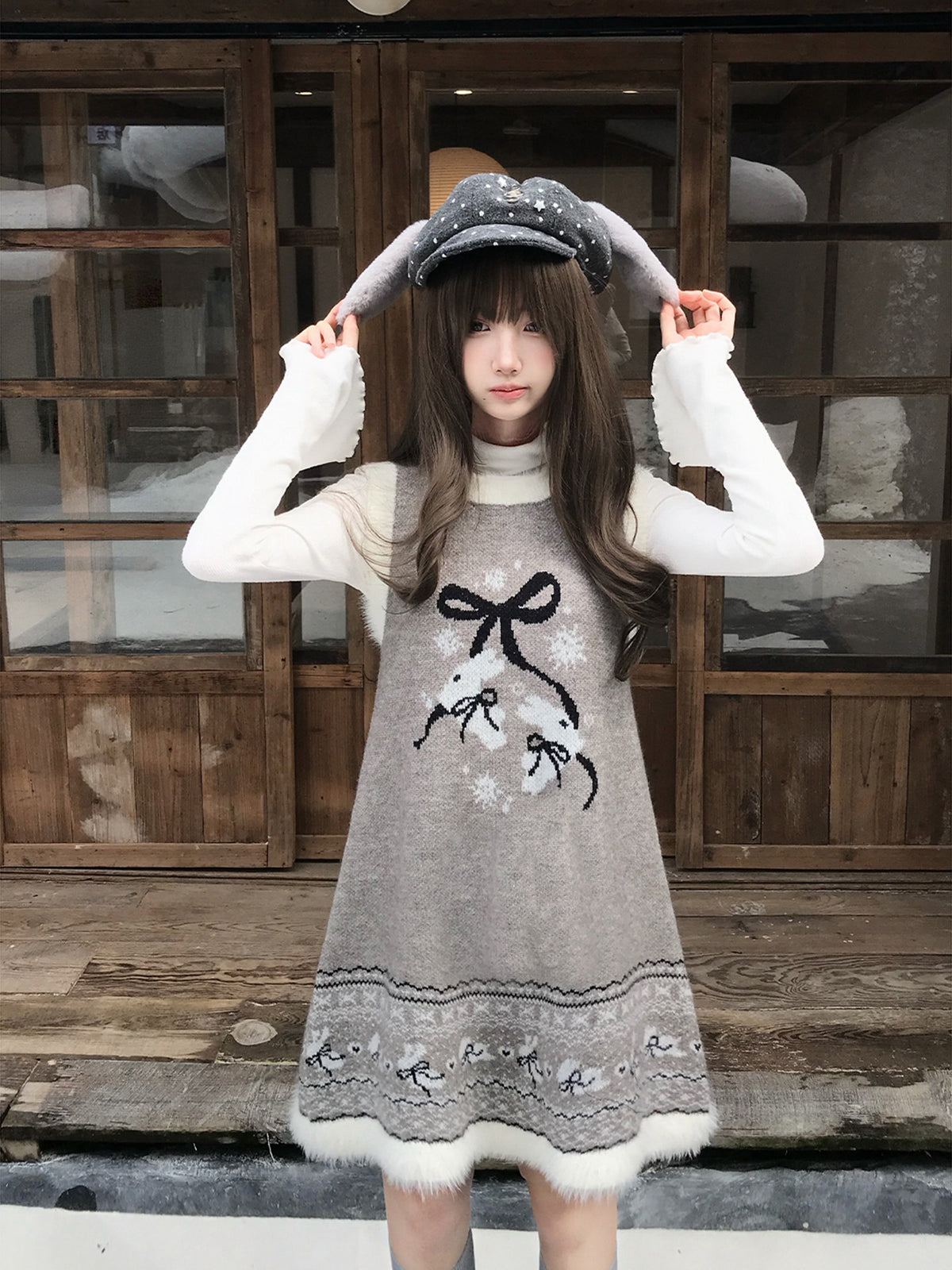 Rabbit Fleece Knit Dress With Removable Cape LAL0139