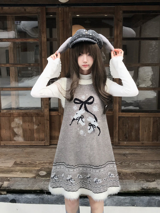 Rabbit Fleece Knit Dress With Removable Cape LAL0139