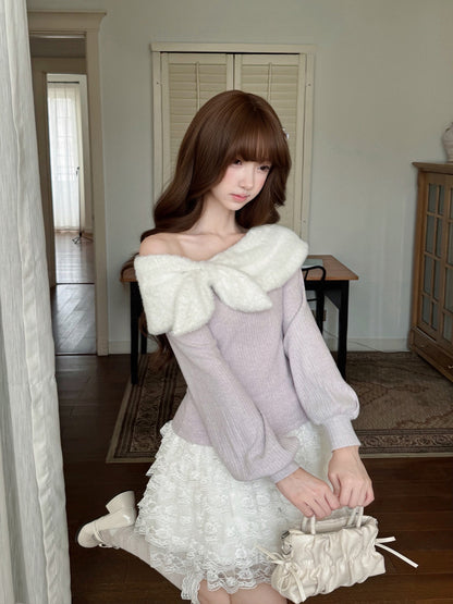 Lilac Bow Off Shoulder Knit Top LAL0148