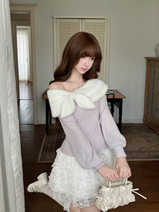 Lilac Bow Off Shoulder Knit Top LAL0148