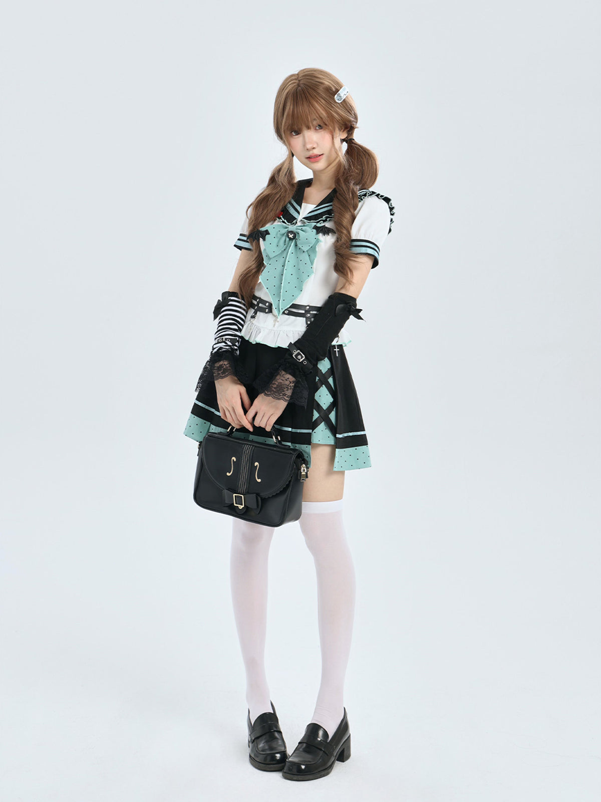 Mint And Black Sailor Collar Bow Blouse LAL0214