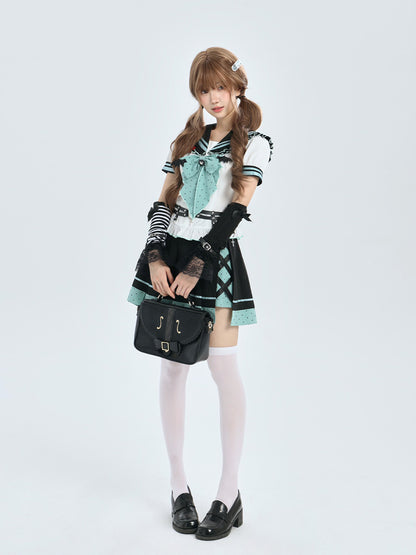 Mint And Black Sailor Collar Bow Blouse LAL0214