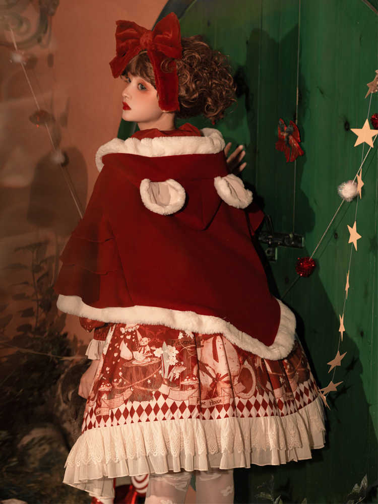 Hooded Christmas Cape and Bear Print Dress YOU0147