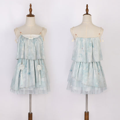 Tie-Dye Mint Camisole Dress With Crochet Shawl YOU0282