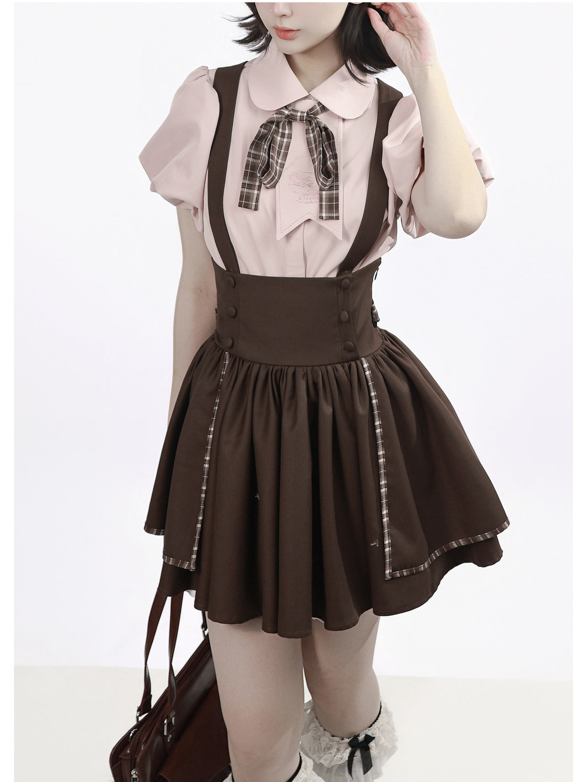 Preppy Embroidered Blouse And Suspender Skirt PIN0047