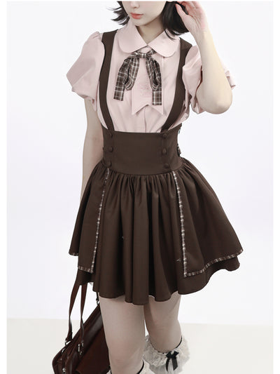 Preppy Embroidered Blouse And Suspender Skirt PIN0047