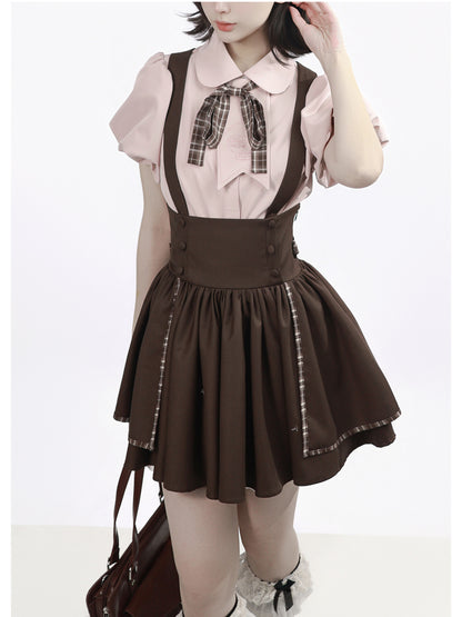 Preppy Embroidered Blouse And Suspender Skirt PIN0047