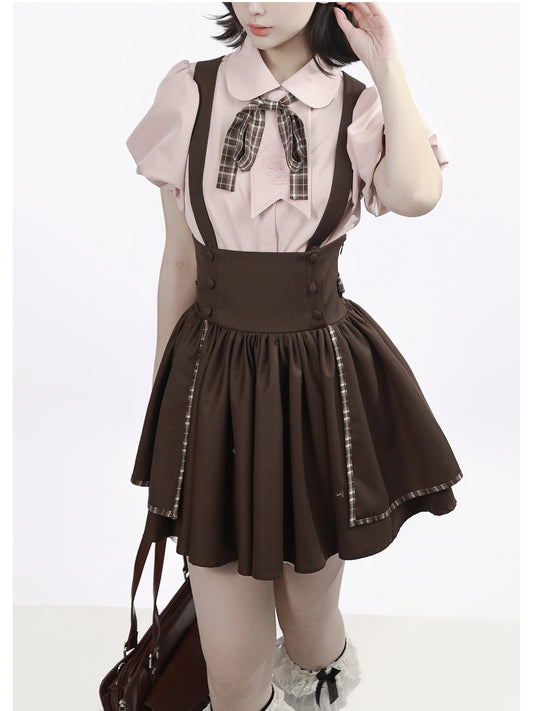 Preppy Embroidered Blouse And Suspender Skirt PIN0047