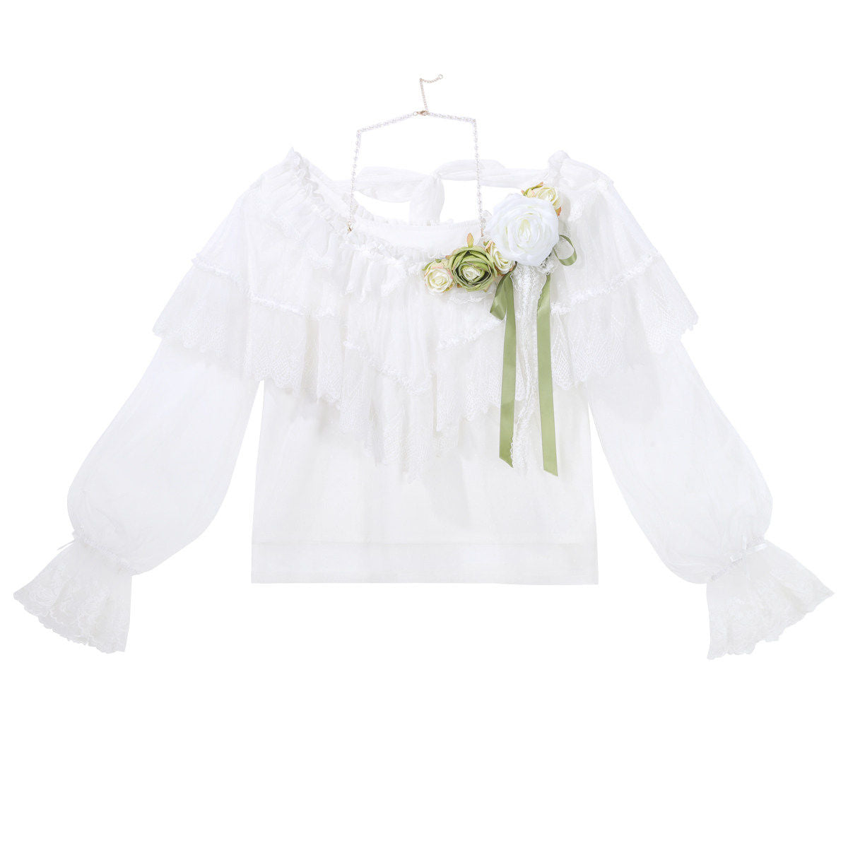 Olive Green Vintage Lace Ruffle Blouse And Skirt Set YOU0306